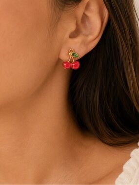 Fine jewelry 316 L steel Cherry Earrings with Gold Accents